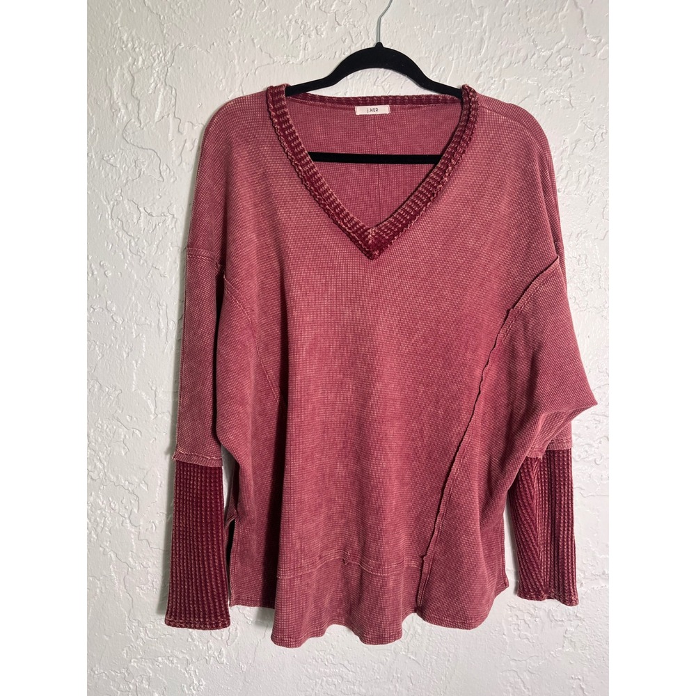 J.Her Waffle Knit Thermal Top Women's S Dusty Rose V-Neck Oversized Boho
